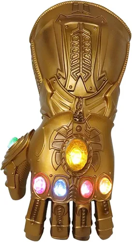 Vista 4 de Thanos - Guantelete infinito guantes Thanos de PVC con luz LED regalo para Navidad fiesta de carnaval para adultos dorado talla XL