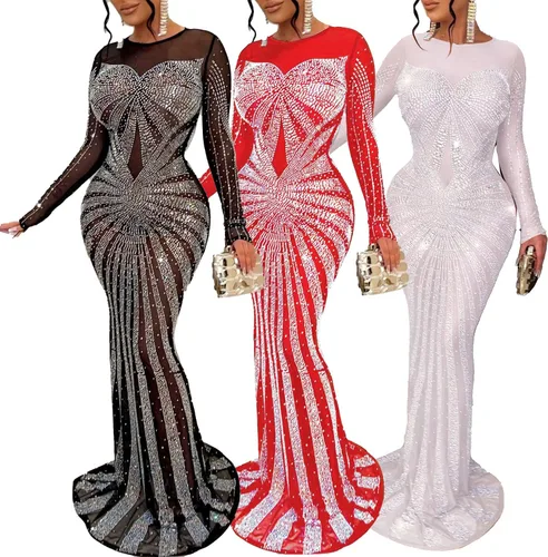 Vista 4 de PORRCEY Vestido sexy de perforación en caliente para mujer, con diamantes de imitación, ajustado, para fiesta, club, salida nocturna, ropa de club