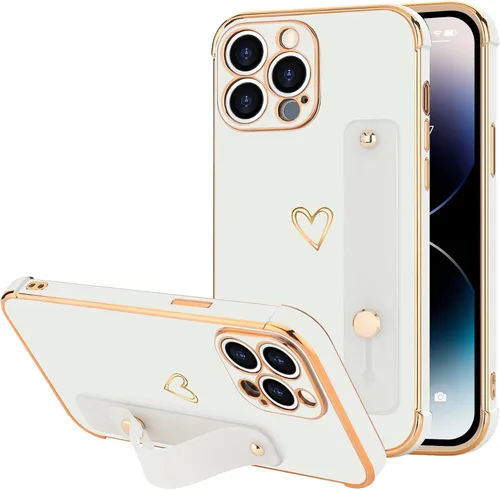 Vista 30 de LLZ.COQUE Funda compatible con iPhone 12 para mujeres y niñas, parachoques chapado de lujo con bonito diseño de corazón de amor, soporte de correa