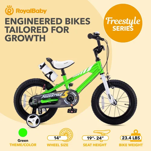 Vista 3 de RoyalBaby Freestyle - Bicicleta con frenos de 2 manijas para niños y niñas, bicicleta de 14 pulgadas con ruedas de entrenamiento para niños pequeños