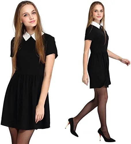 Vista 6 de Sunfaynis Vestido de manga corta con cuello de Peter Pan para mujer, disfraz de Halloween para miércoles