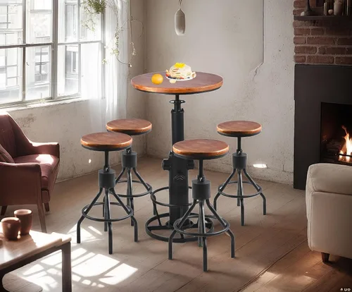 Vista 9 de Taburete de bar industrial vintage con altura ajustable, taburete de cocina estilo francés de granja, silla giratoria, madera maciza Chiar, fácil