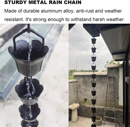 Vista 3 de Rain Chains 3.3ft-16.4ft Aluminium Alloy Rain Chain Black Powder Coated, Functional and Decorative Replacement for Gutter Downspouts(1m (3.3ft))