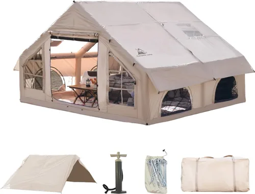 Vista 15 de Tienda de campaña inflable para campamento, instalación rápida con bomba, tienda de campaña Oxford impermeable de 4 estaciones con tragaluz, tienda