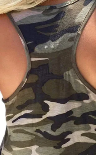 Vista 3 de Lindas camisetas deportivas sin mangas de camuflaje para correr, para entrenamiento, gimnasio, espalda cruzada, para mujer Camo Verde
