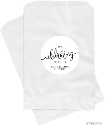 Vista 8 de Andaz Press Bolsas de regalo personalizadas para mesa de postre, agradecimiento por celebrar con nosotros, aguamarina, paquete de 24, personalizadas
