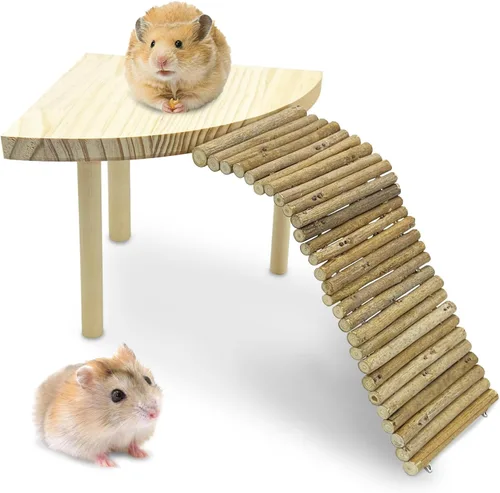 Vista 9 de kathson Plataforma de hámster de madera con patas, plataforma natural de pie para animales pequeños, escalera para escalar, jaula de conejillo