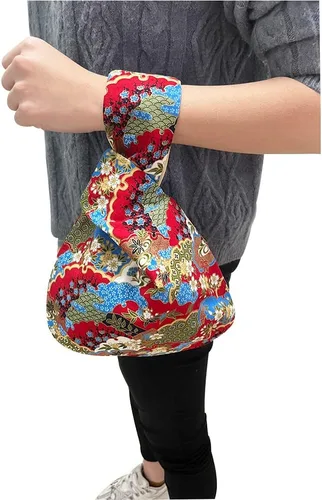 Vista 5 de BAR Elegante bolsa de muñeca de algodón con patrón japonés, bolsa de nudo, bolsa de lona portátil para mujer, mujer