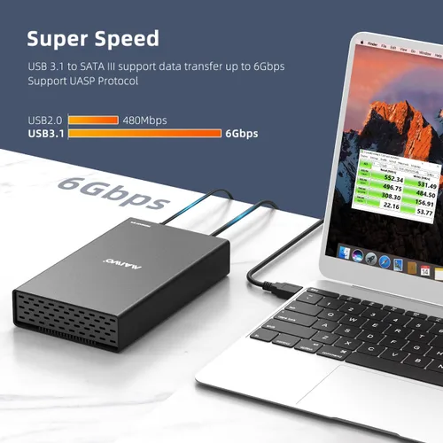 Vista 2 de MAIWO Caja de disco duro USB-C de 6 Gbps para HDD/SSD de 3.5 pulgadas/2.5 pulgadas, aleación de aluminio, fuente de alimentación de 12 V/2 A
