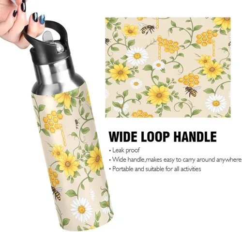 Vista 4 de Yellow White Flowers Insulated Water Bottle 32 Oz, BPA-Free Sports Water Bottle Leakproof Water Bottles