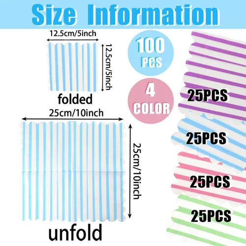 Vista 4 de 100 servilletas de cóctel boho arcoíris de papel festoneado a rayas de papel suave arcoíris helado servilleta de 5 x 5 pulgadas, color macarrón