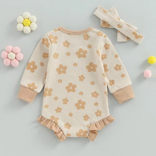 Vista 14 de Ropa de bebé recién nacida, sudadera floral de manga larga, mameluco con volantes, diadema de gofre, traje de otoño de una pieza