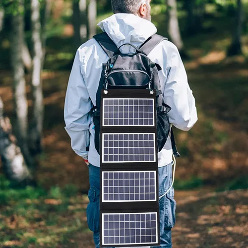 Vista 7 de Panel solar portátil, cargador de panel solar plegable de 30 W 5 V con salidas USB duales, panel solar a prueba de agua de 4 pliegues con 2 ganchos