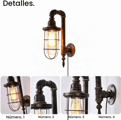 Vista 2 de Lámpara de pared industrial enchufable con base E26 Edison, estilo retro vintage, luces de pared con cable enchufable ajustable de 5.9 pies, aplique