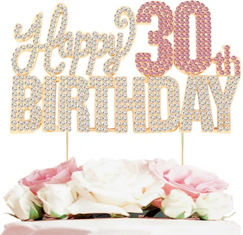 Vista 35 de Decoración de pastel de diamantes de imitación rosa y plateado con texto en inglés "Cheers to 11 Years Old Eleven Bday" de metal brillante