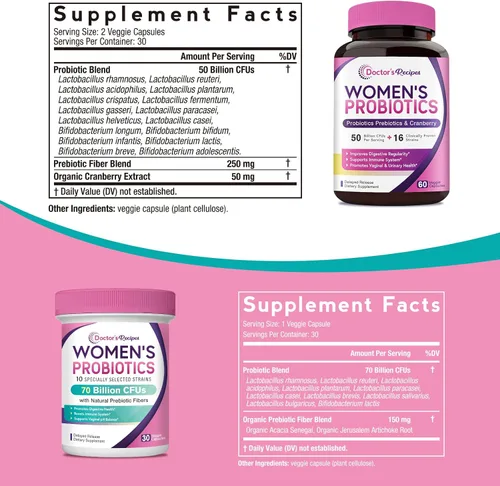 Vista 2 de Doctor's Recipes Paquete de probióticos para mujeres, salud femenina y apoyo gastrointestinal, sin gluten, Pro 50 mil millones (60 cápsulas) y 70