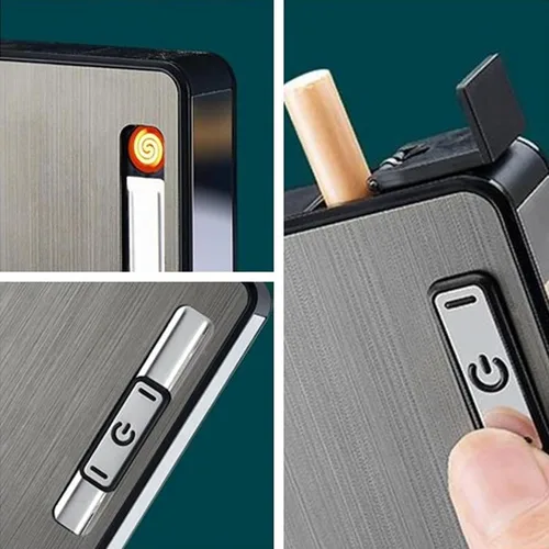 Vista 4 de Estuche para cigarrillos con encendedor, caja de expulsión automática para 10 cigarrillos de tamaño regular, encendedores eléctricos integrados