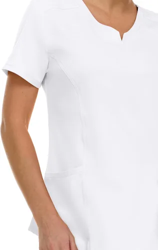 Vista 4 de MediChic Scrubs Top Quirúrgico para Mujer con Cuello en V con Muesca Elástico de Moda con Dos Bolsillos, Tela Flex de Fácil Cuidado Blanco