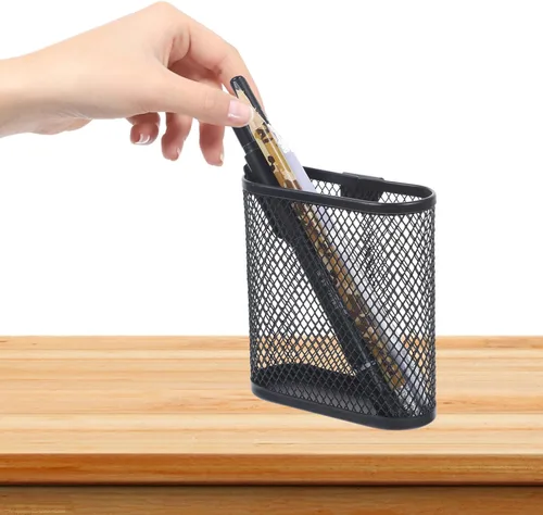 Vista 3 de Organizador de escritorio de metal con forma ovalada de malla negra para almacenamiento de artículos de papelería de oficina, 3.93 x 3.54 x 1.37