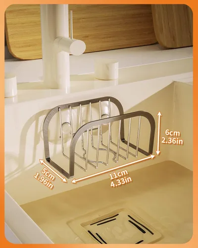 Vista 7 de SWTYMIKI Soporte de esponja para fregadero de cocina, soporte de esponja de fregadero móvil con ventosas de acero inoxidable para fregadero de acero