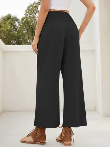 Vista 2 de QIANXIZHAN Pantalones cortos de pierna ancha para mujer, pantalones palazzo de cintura alta, pantalones de verano bohemios fluidos para la playa