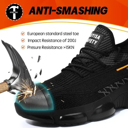 Vista 2 de BAIYIJIA Zapatos de punta de acero para hombre, zapatos de trabajo antideslizantes para construcción con amortiguación de aire, zapatos
