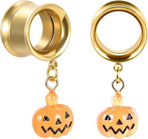 Vista 2 de COOEAR - 1 par de tapones de rosca y túneles con diseño de calavera y pendientes a juego con expansor.