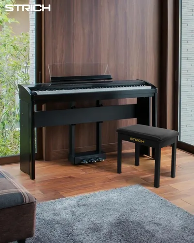 Vista 2 de STRICH Banco de piano con almacenamiento, banco de teclado de madera maciza, taburete con cojín acolchado, color negro