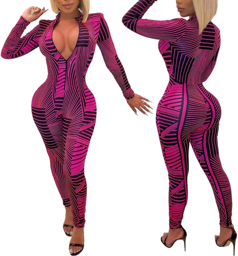 Vista 5 de ECHOINE - Atuendo de una pieza para mujer con manga larga cremallera sexy cuello profundo en v pantalón largo para fiestas y clubes overol mono