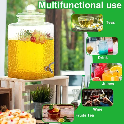 Vista 6 de Paquete de 1 dispensador de bebidas de vidrio de 5 galones para fiestas, dispensador de bebidas de vidrio martillado, recipiente de agua con grifo