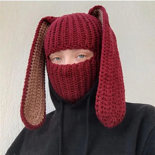 Vista 2 de Gorro de punto Y2k con cuerno de diablo y oreja de conejo largo, máscara de esquí, pasamontañas, accesorios para grunge