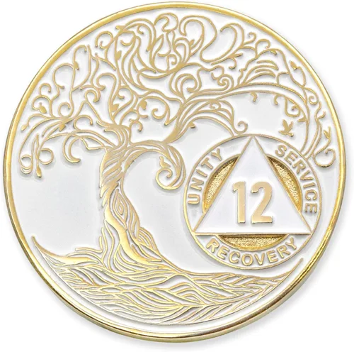 Vista 172 de 1 año Sobriety Mint Twisted Tree of Life Medallón de recuperación AA chapado en oro, chip/ficha - negro