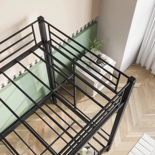 Vista 7 de HAUSHECK Literas individuales para 2 niños, litera individual sobre individual con dos escaleras laterales y barandillas de longitud completa