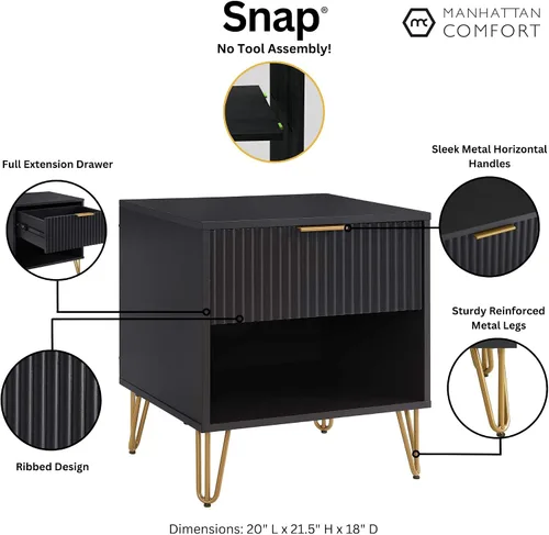 Vista 3 de Manhtattan Comfort Dumbo - Mesita de noche moderna 1.0 con 1 cajón y patas de metal, patas doradas abiertas, diseño acanalado vertical