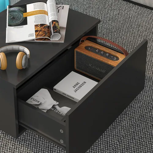 Vista 7 de HedoAjim - Mesa de café LED negra para sala de estar, mesa rectangular de sala de estar con almacenamiento, mesas de café acrílicas con 2 cajones