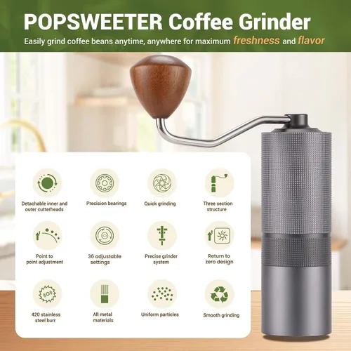 Vista 7 de Popsweet C38 - Molinillo de café manual con rebabas exteriores cónicas de acero inoxidable desmontables, molienda de granos de café de 400 libras