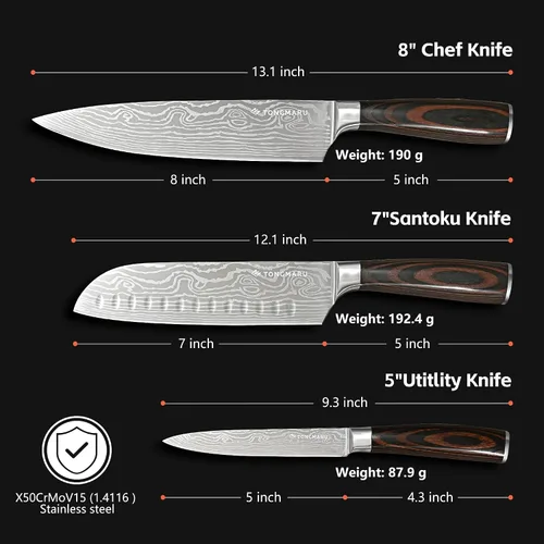 Vista 8 de Juego de cuchillos de chef de cocina profesional, Razor Sharp de acero alemán de alto carbono, 3 piezas, mango ergonómico de madera de Pakkawood