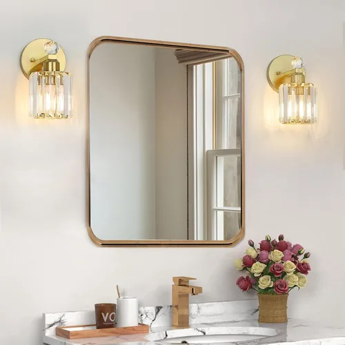Vista 5 de Lámparas de baño doradas de 1 luz, modernas luces de tocador de baño con pantalla de cristal transparente, luces de montaje en pared de baño