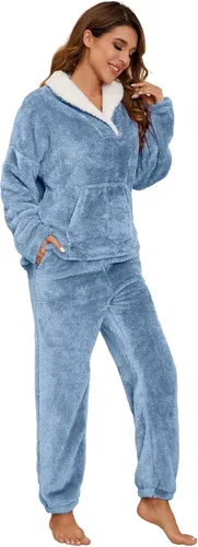 Vista 3 de Flygo Conjunto de pijama de forro polar mullido para mujer, ropa de dormir de franela de felpa