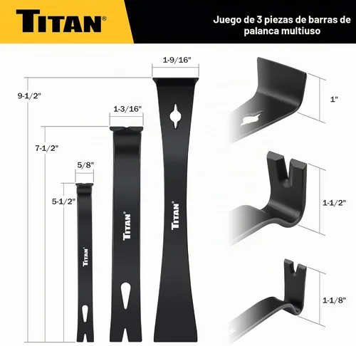 Vista 5 de Titan 17121 Juego de 3 barras de palanca planas de 5.5 pulgadas, 7.5 pulgadas y 9.5 pulgadas con extractor de clavos, barra de acero forjado