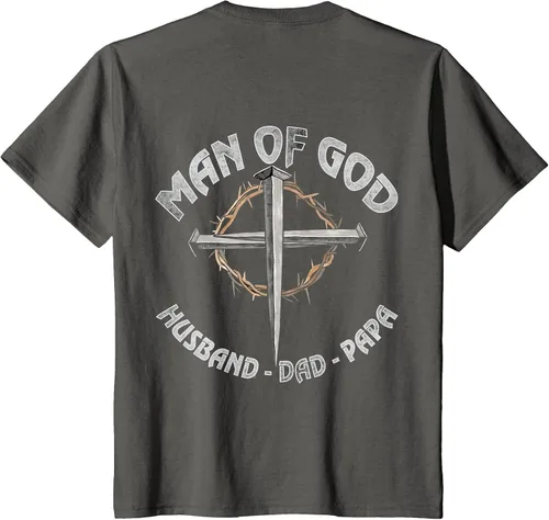 Vista 24 de Man of God Husband Dad Papa Christian Fathers Day (On Back) T-Shirt Asphalt Grey