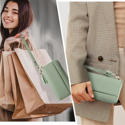 Vista 7 de Travelambo Cartera con borla plegable para mujer, bolso de mano con correa para la muñeca, bolso largo