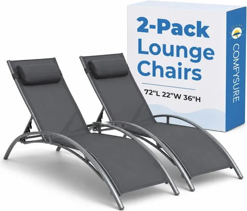 Vista 8 de ComfySure Juego de 2 sillas de aluminio reclinables de textileno de 4 posiciones con almohada y reposabrazos, apilables, resistentes a los rayos UV
