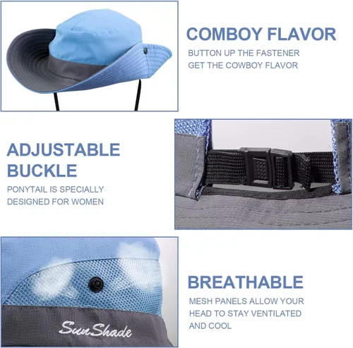 Vista 4 de Norme 2 piezas de sombrero de sol al aire libre para mujer, protección UV, plegable, malla de ala ancha, gorra de pesca para playa, cola de caballo