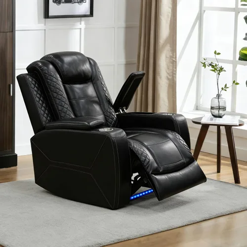 Vista 37 de Sofá reclinable individual eléctrico para muebles de sala de estar, silla reclinable de cuero con luces LED, puertos USB, almacenamiento oculto