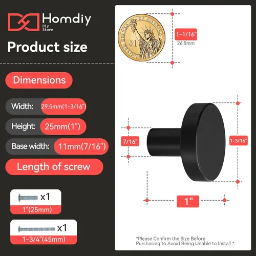 Vista 2 de homdiy Paquete de 5 pomos negros para gabinetes, manijas redondas para cajones de cocina, pomos de metal negro mate para armarios, cajones