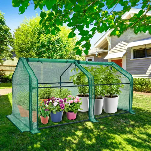 Vista 8 de Ohuhu Mini invernadero portátil, invernaderos de 71 x 36 x 36 pulgadas para exteriores con puertas dobles grandes con cremallera y estacas de Verde