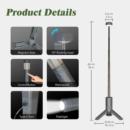 Vista 3 de Luz telescópica para campamento con soporte, linterna de campamento recargable de 10500 mAh, linterna portátil regulable con bolsa