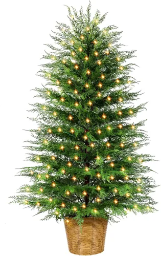Vista 10 de Árbol de Navidad de cedro artificial preiluminado de 3 pies con luces enchufables, árbol de Navidad en maceta de cedro sintético en cesta decorativa