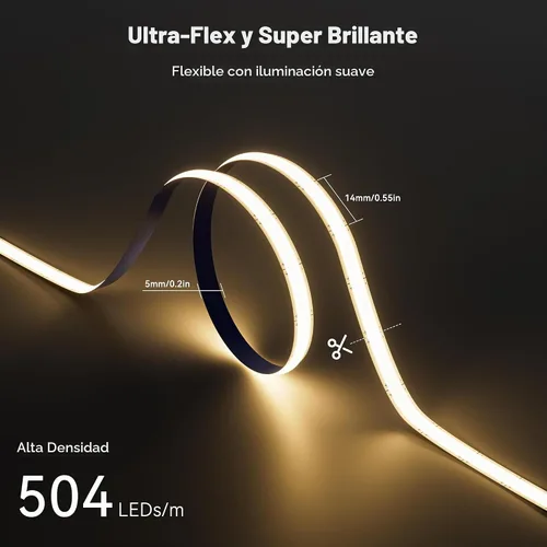 Vista 2 de PAUTIX Tira de luz LED COB de 5 mm 16.4 pies/5 m 3000K Blanco cálido 504 LEDs/m, Cinta LED flexible DC24V para gabinete Hogar Proyectos